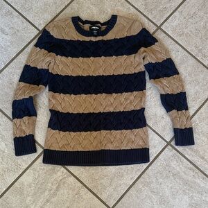 Lands' End Navy and Tan Cable Knit Sweater